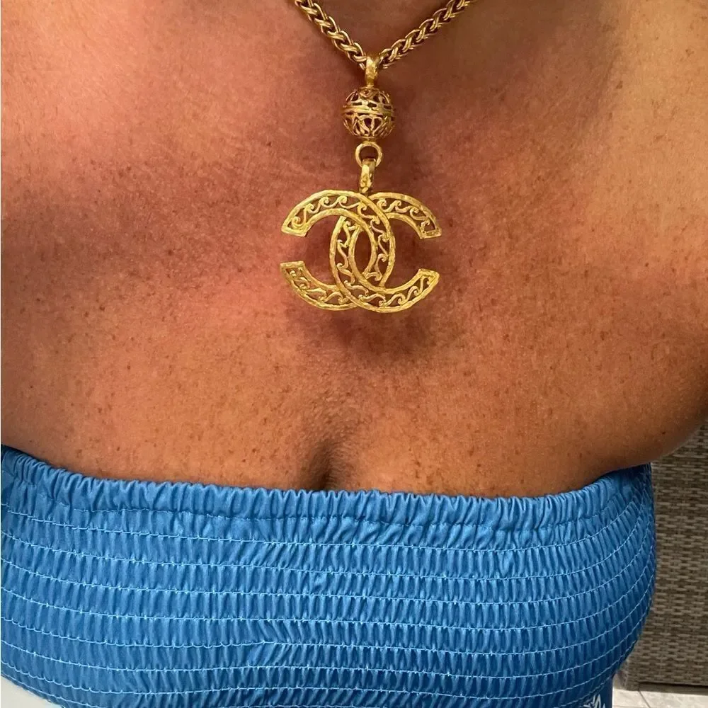 Chanel Vintage Coco Mark Gold Plated Filigree Necklace.